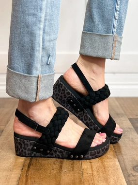 Corkys Pleasant Wedge Sandals in Black Suede