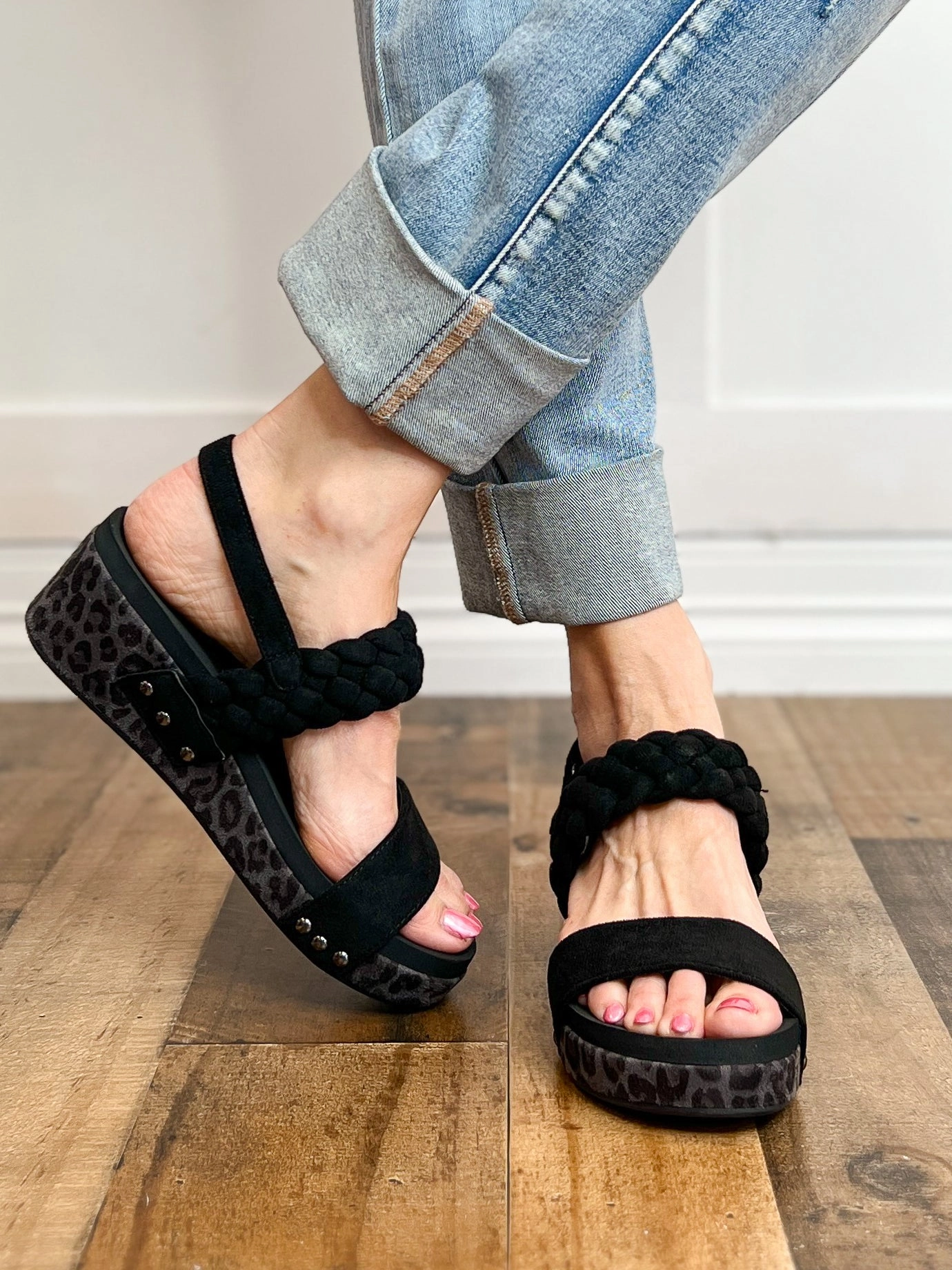 Corkys Pleasant Wedge Sandals in Black Suede