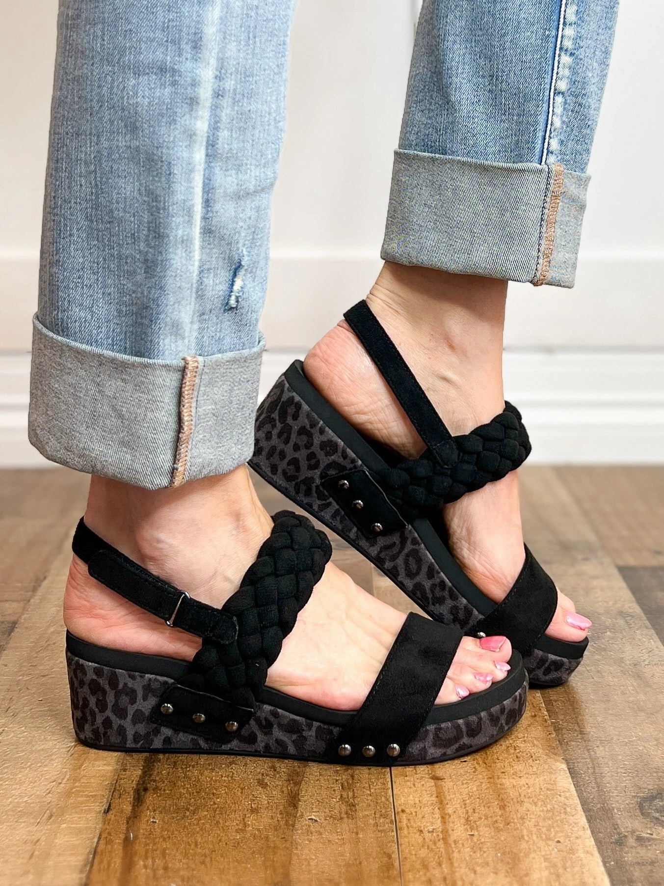 Corkys Pleasant Wedge Sandals in Black Suede