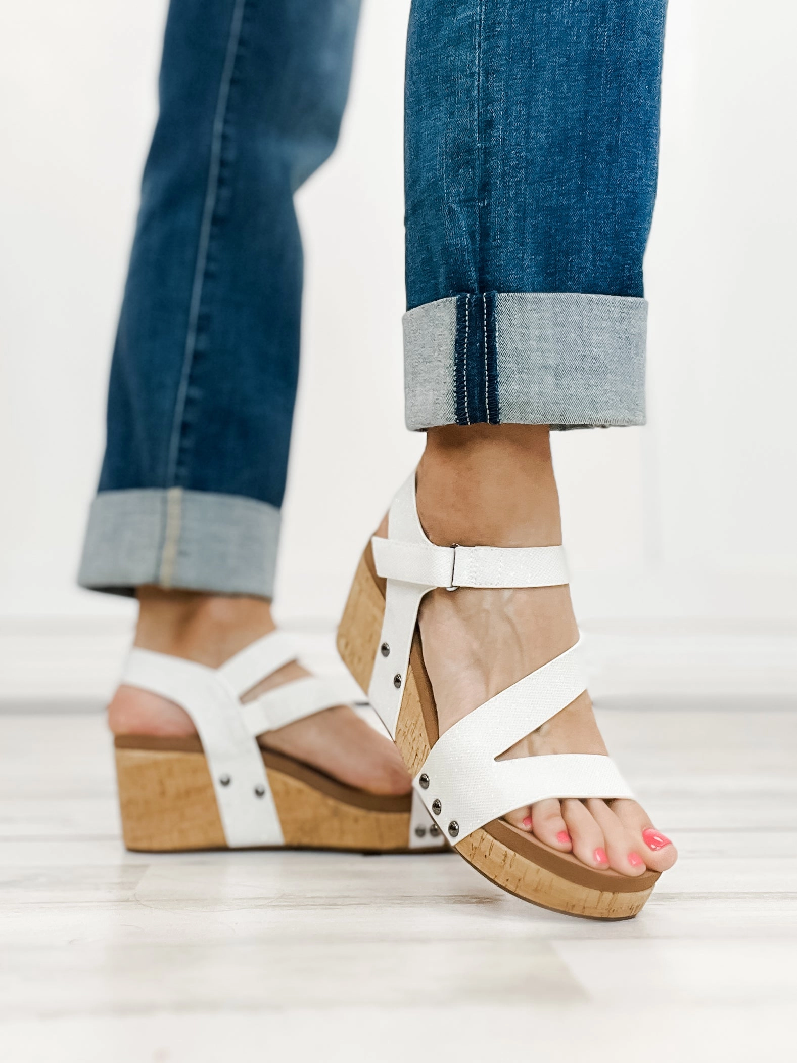 Corkys Spring Fling Wedge Sandals in White Shimmer