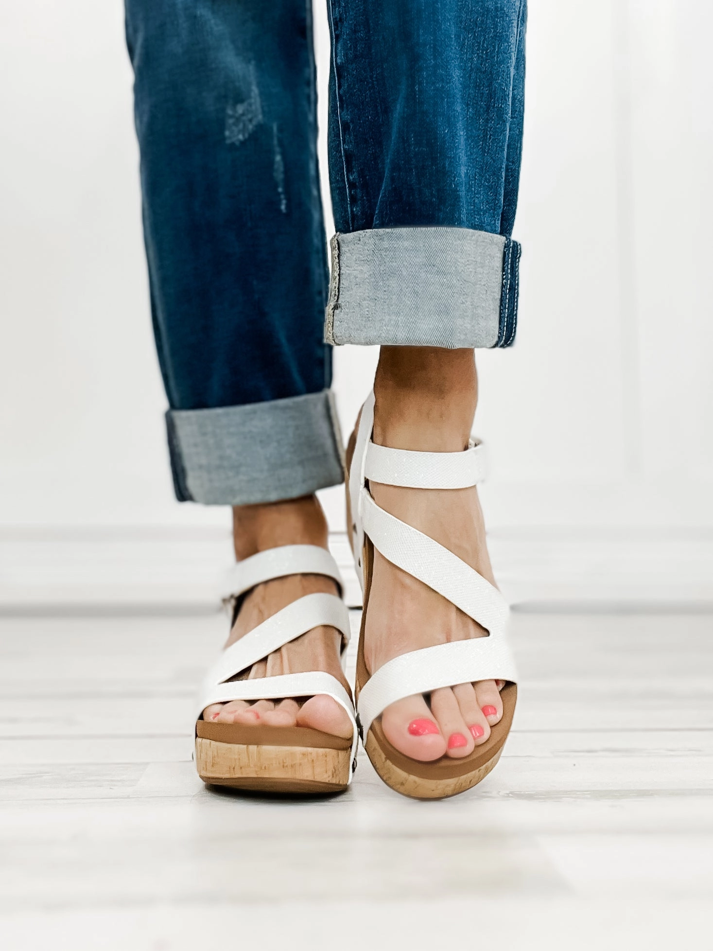 Corkys Spring Fling Wedge Sandals in White Shimmer
