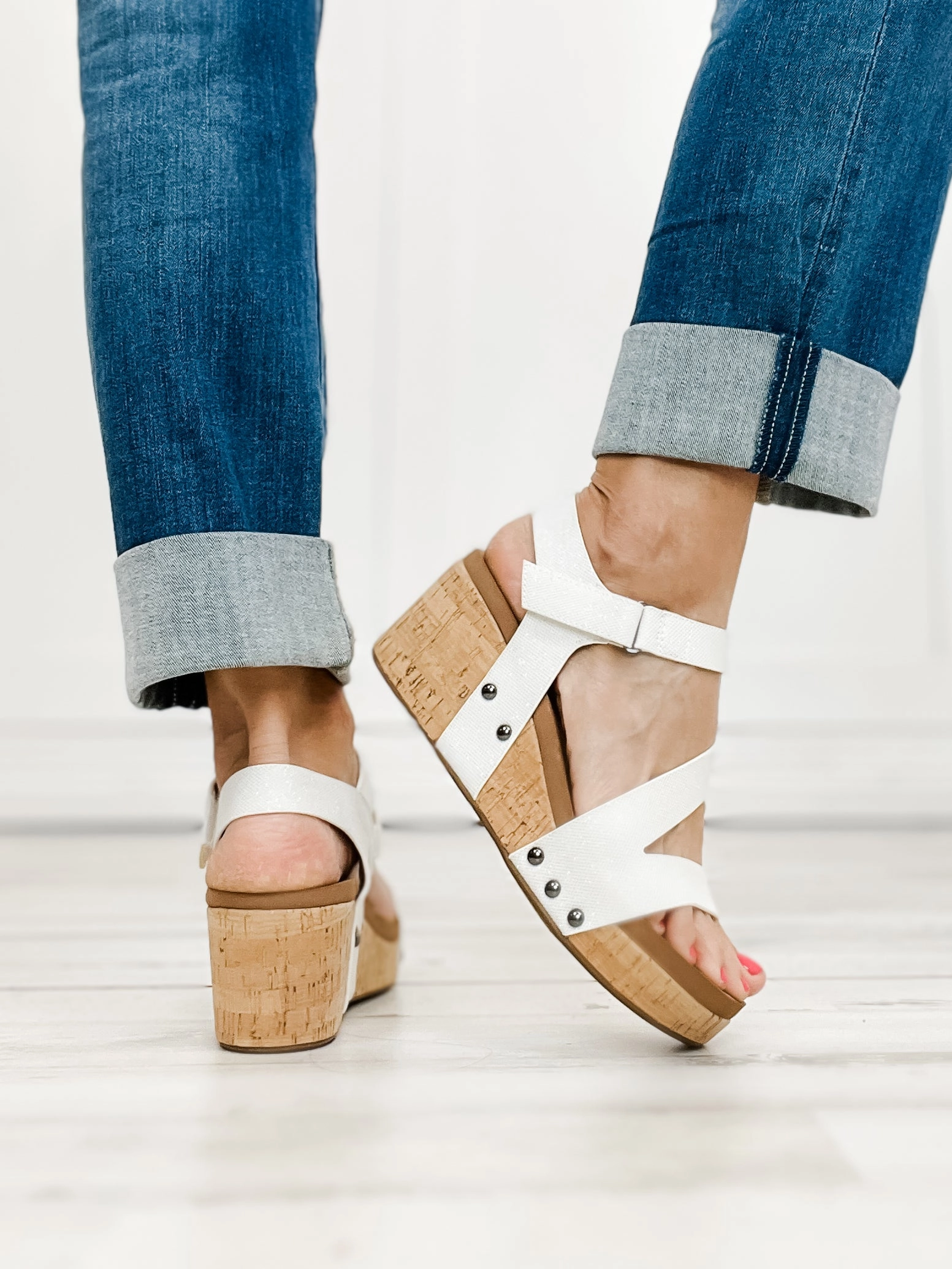 Corkys Spring Fling Wedge Sandals in White Shimmer