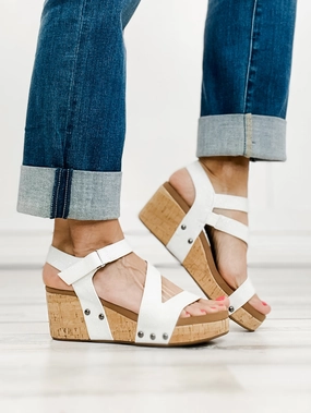 Corkys Spring Fling Wedge Sandals in White Shimmer