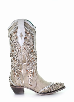 Corral Womens Stud Overlay Cowboy Boots Leather White