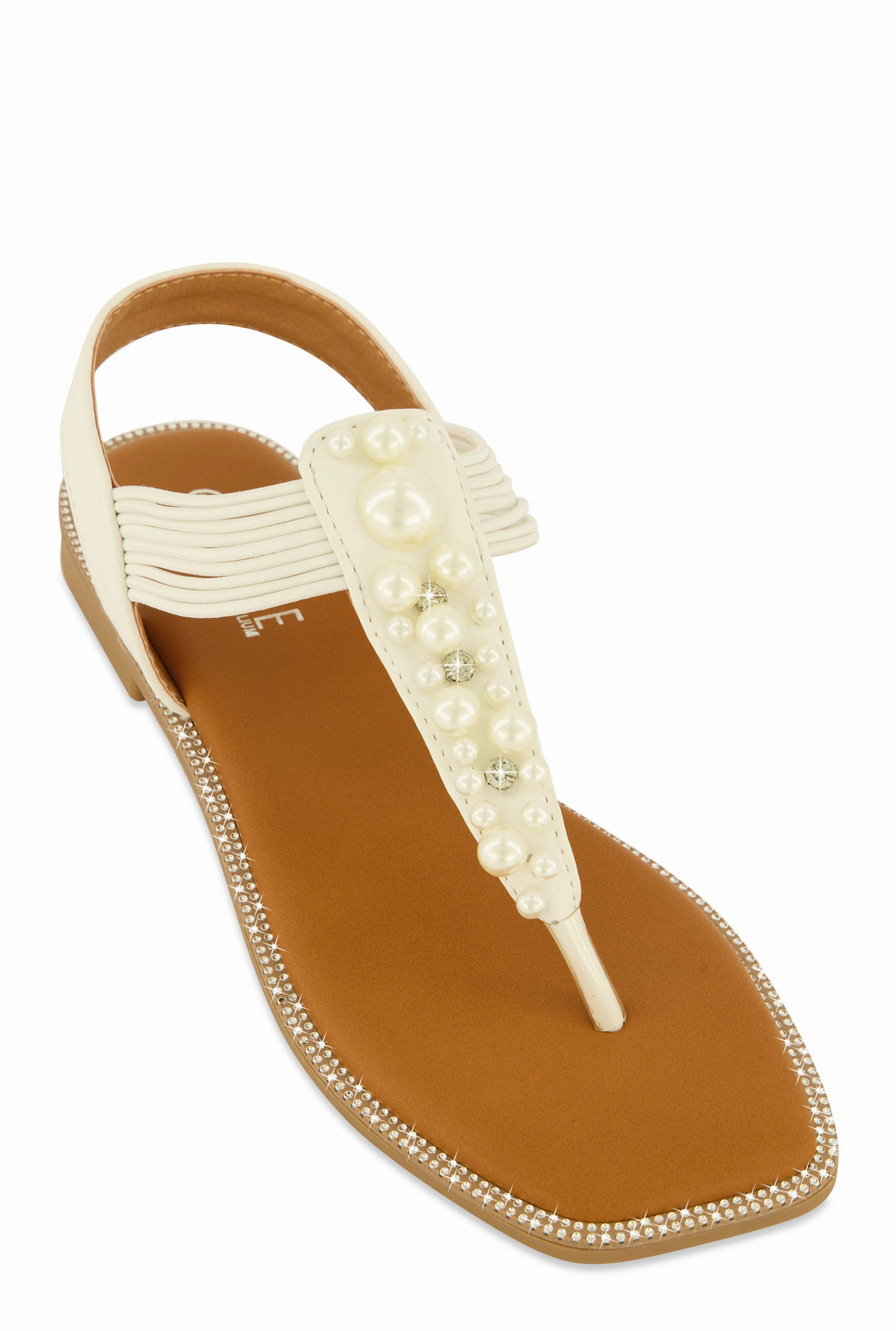 Faux Pearl Studded Ankle Strap Thong Sandals