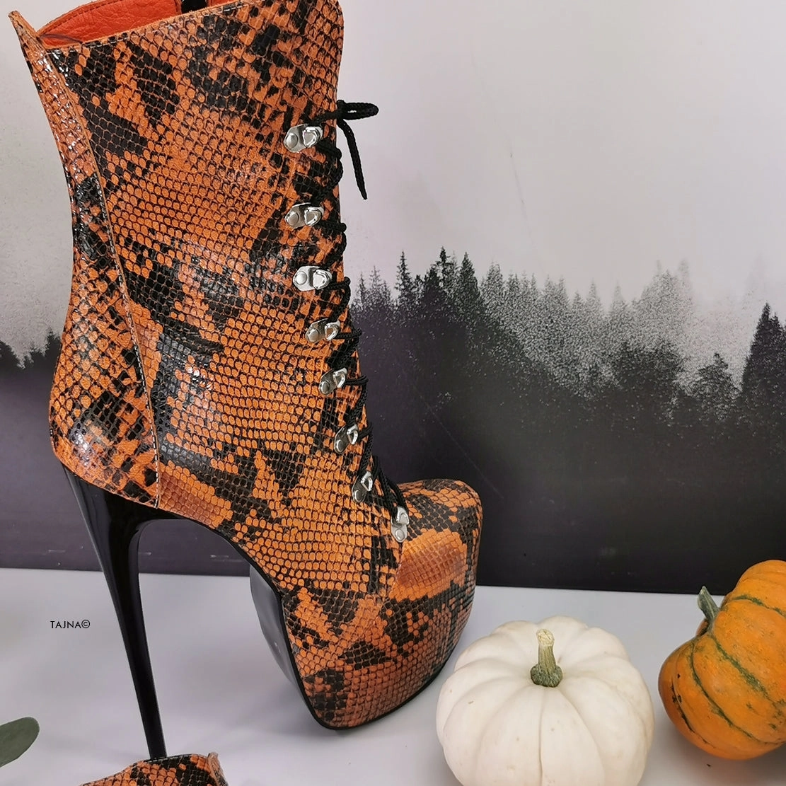 Genunine Leather Orange Black Snake Print Boots