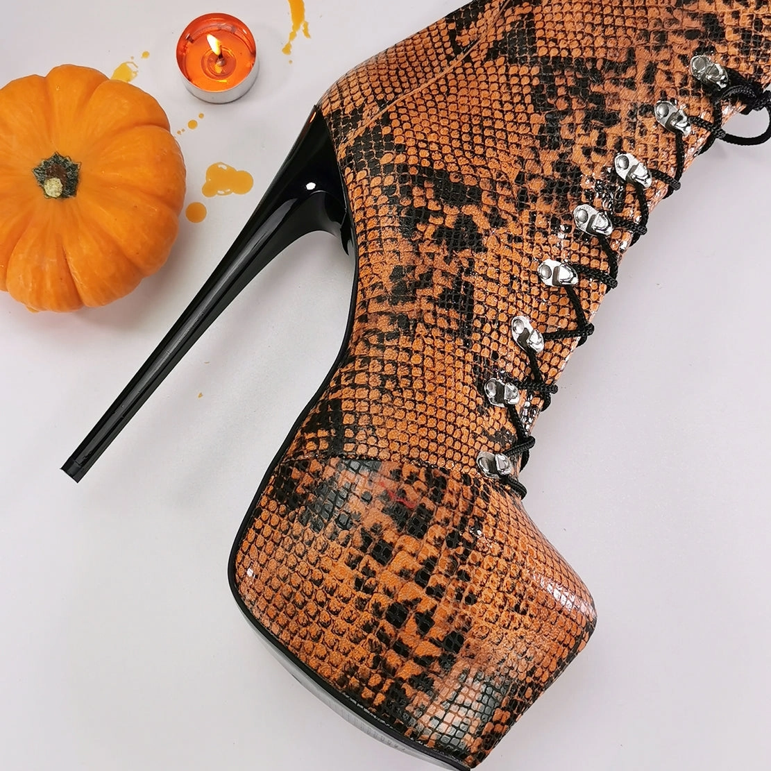 Genunine Leather Orange Black Snake Print Boots