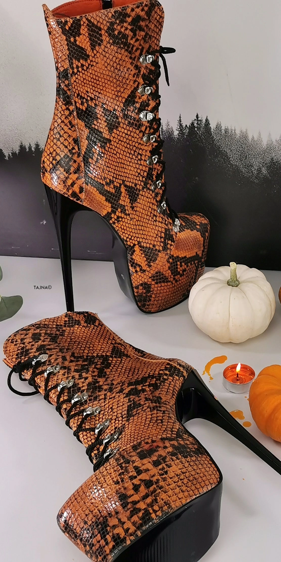 Genunine Leather Orange Black Snake Print Boots