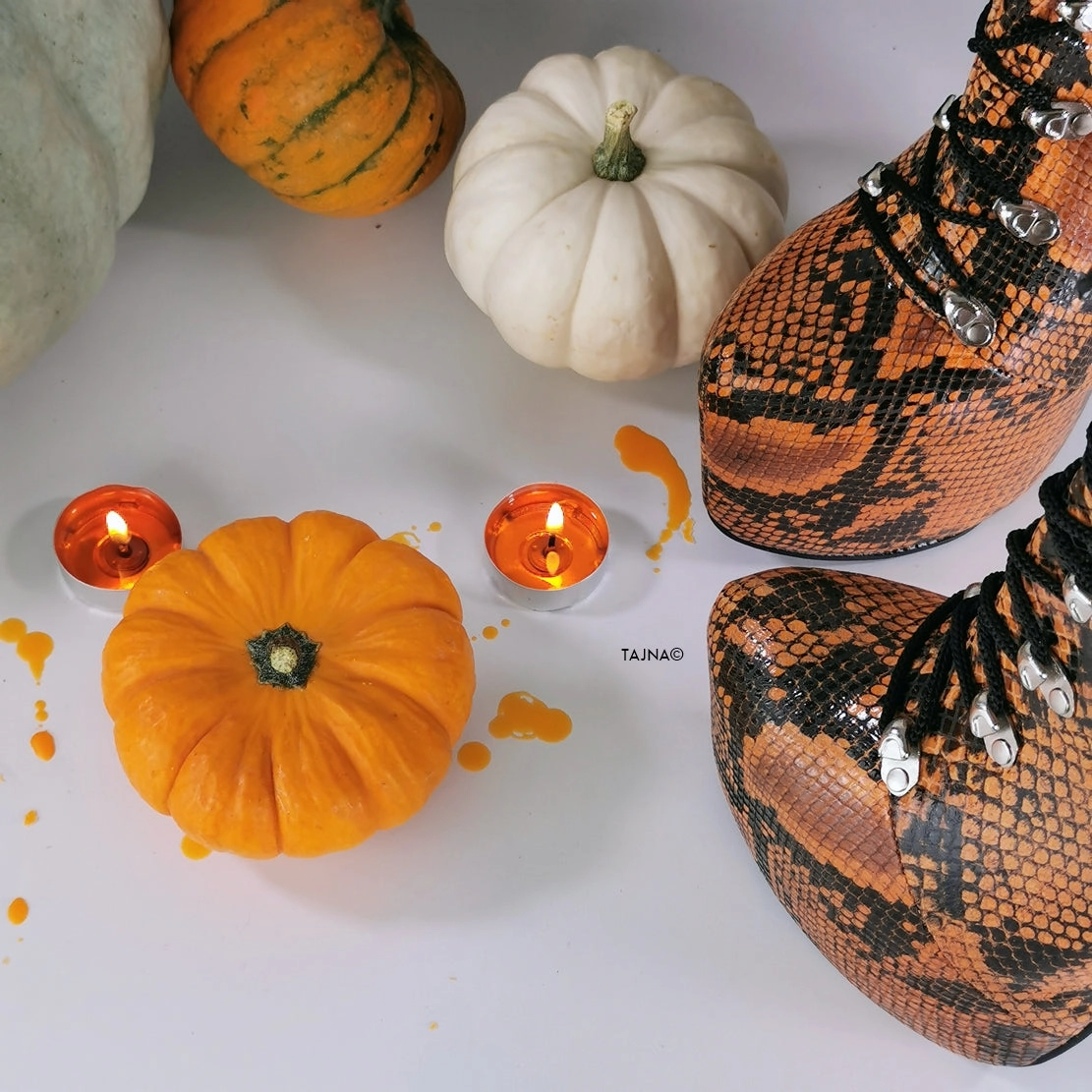 Genunine Leather Orange Black Snake Print Boots