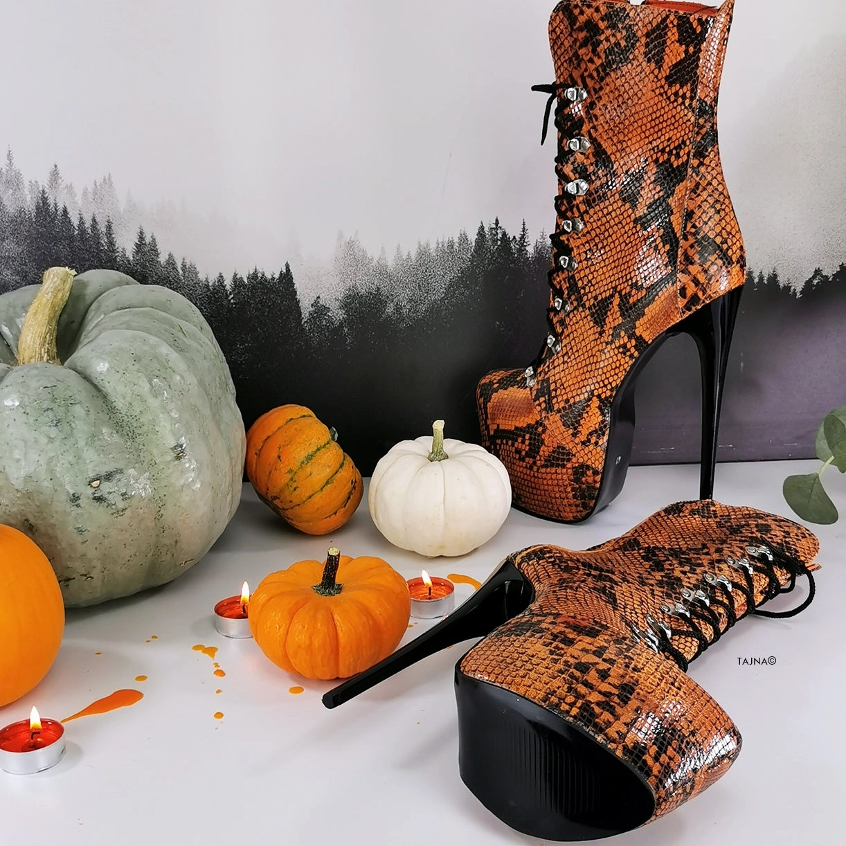 Genunine Leather Orange Black Snake Print Boots