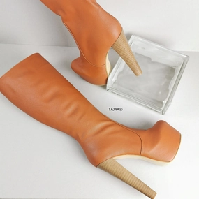 Ginger Brown Mid Calf Chunky Heel Boots