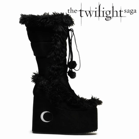 La Push Crescent Platform Faux Fur Long Boots - Black