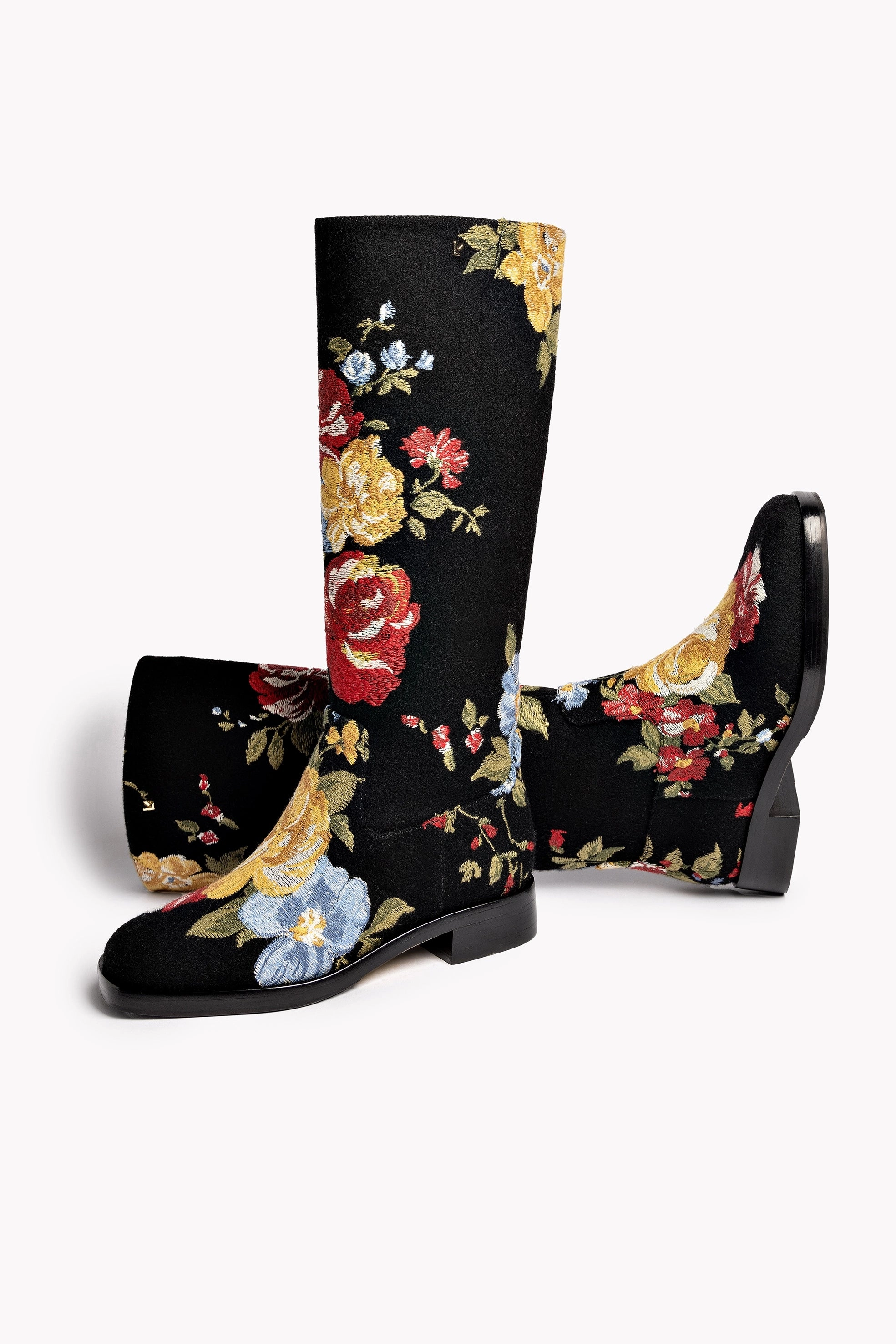 Larroudé x Markarian Flat Boot In Black Wool and Floral Embroidery
