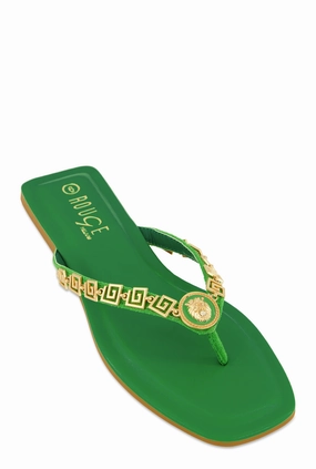 Lion Pendant Greek Key Chain Thong Sandals