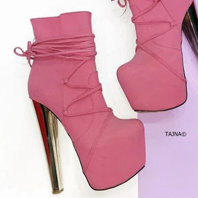 Long Laced Pink High Heel Booties
