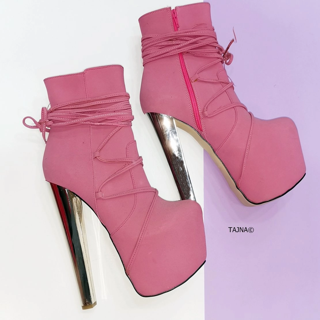Long Laced Pink High Heel Booties