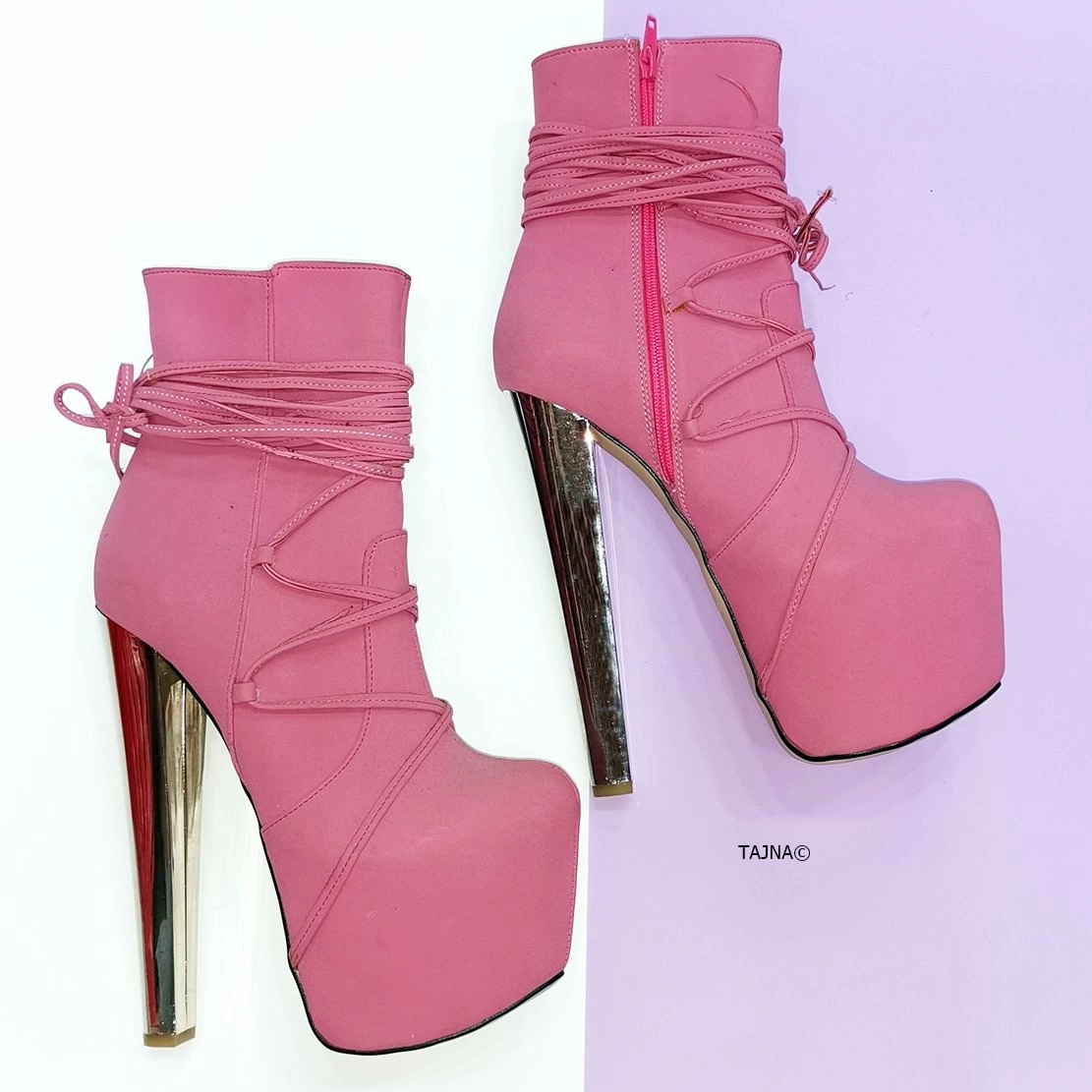 Long Laced Pink High Heel Booties