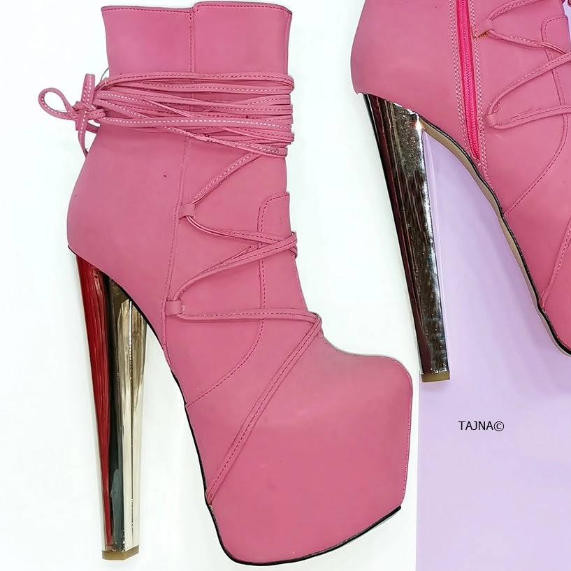 Long Laced Pink High Heel Booties