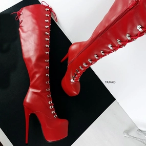Red Matte Military Style Knee High Boots