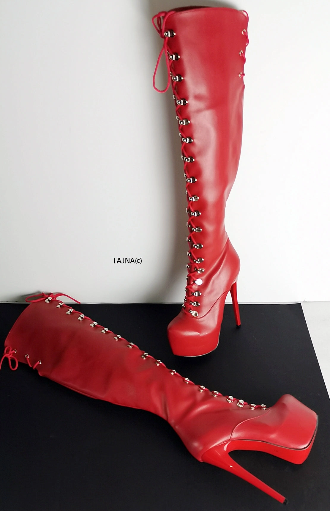 Red Matte Military Style Knee High Boots