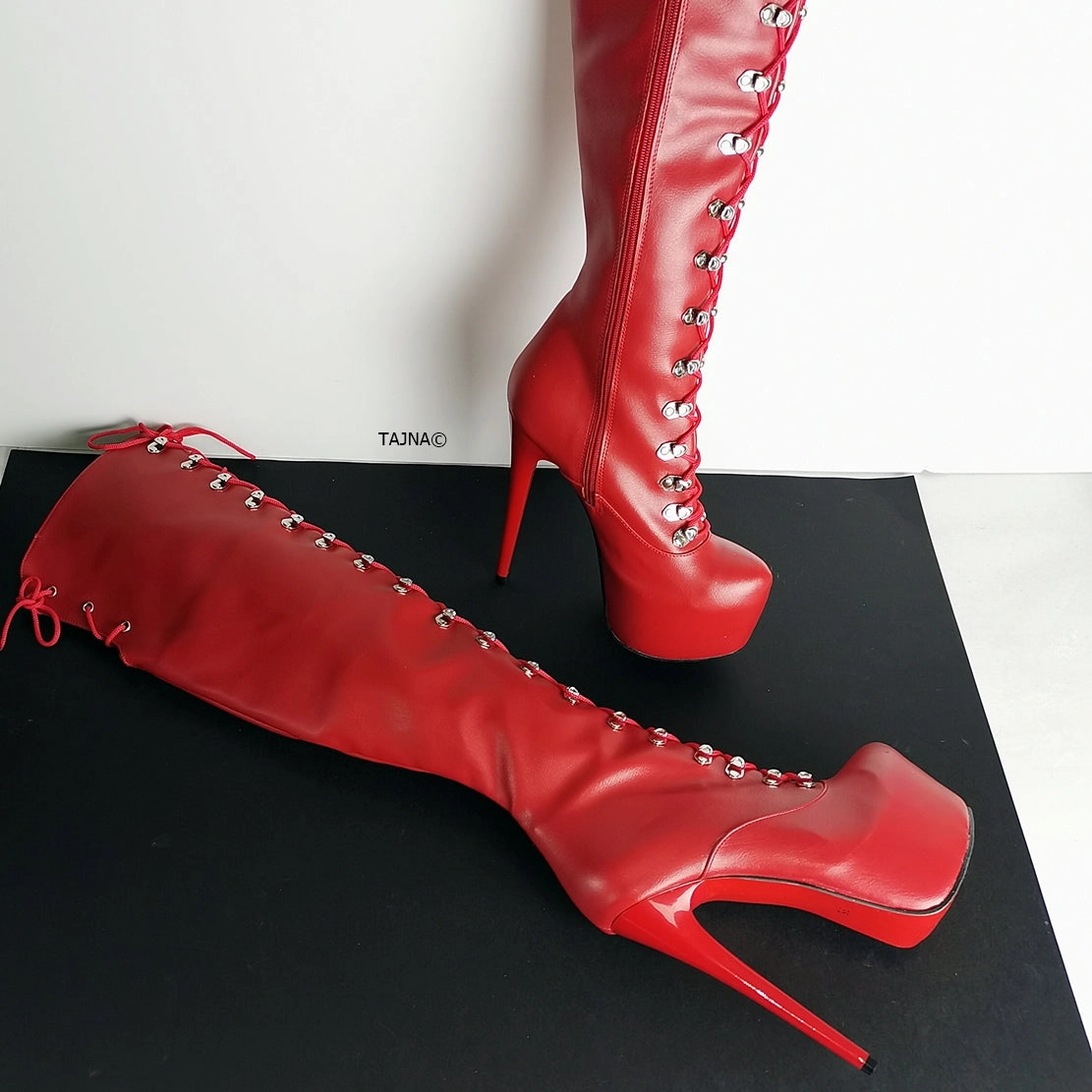 Red Matte Military Style Knee High Boots