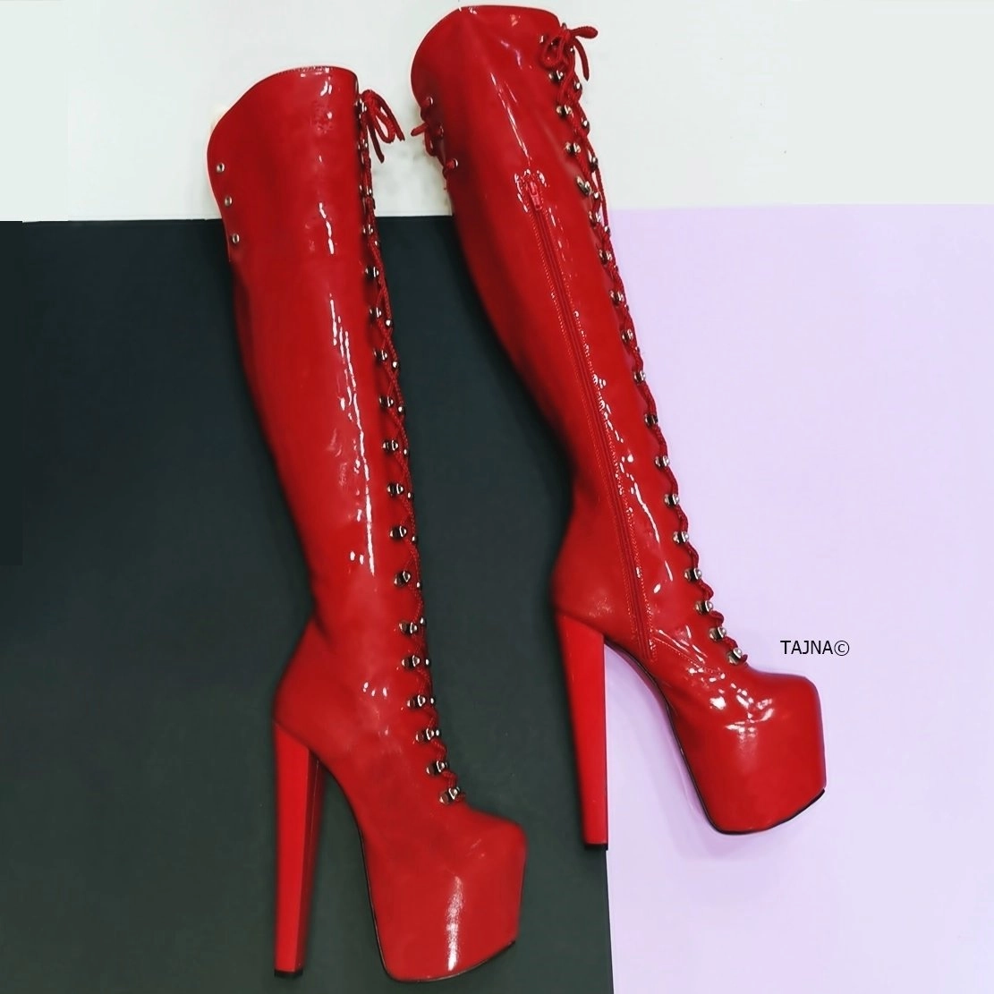Red Patent Military Style Chunky Heel Boots