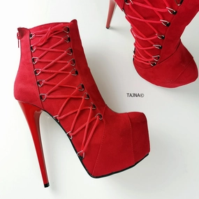 Red Suede Corset Heeled Booties