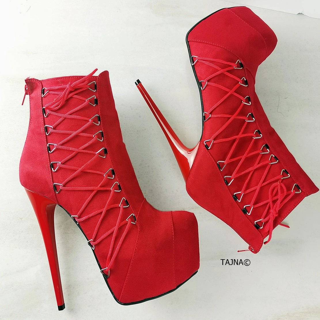 Red Suede Corset Heeled Booties