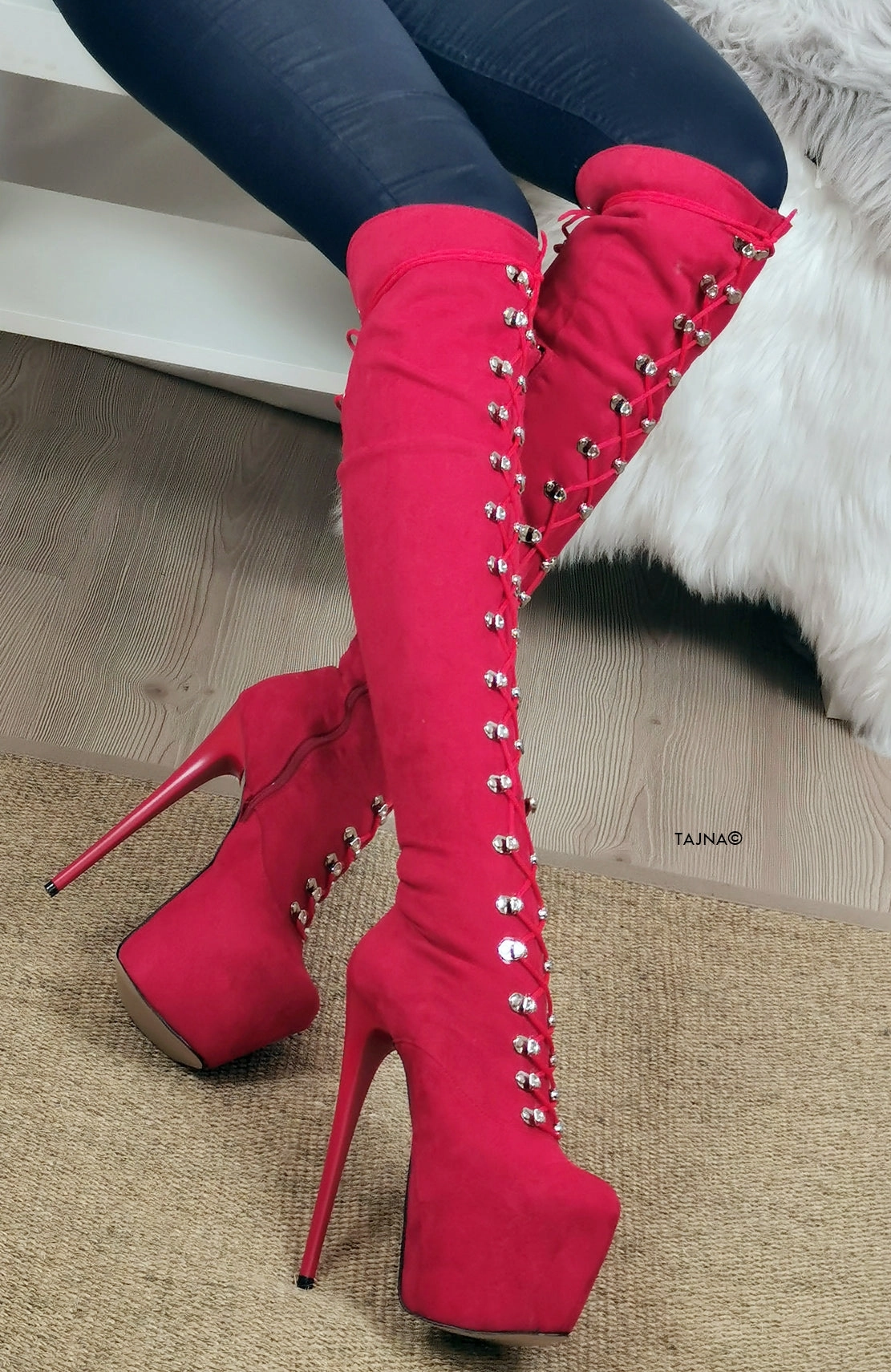 Red Suede Military High Heel Boots