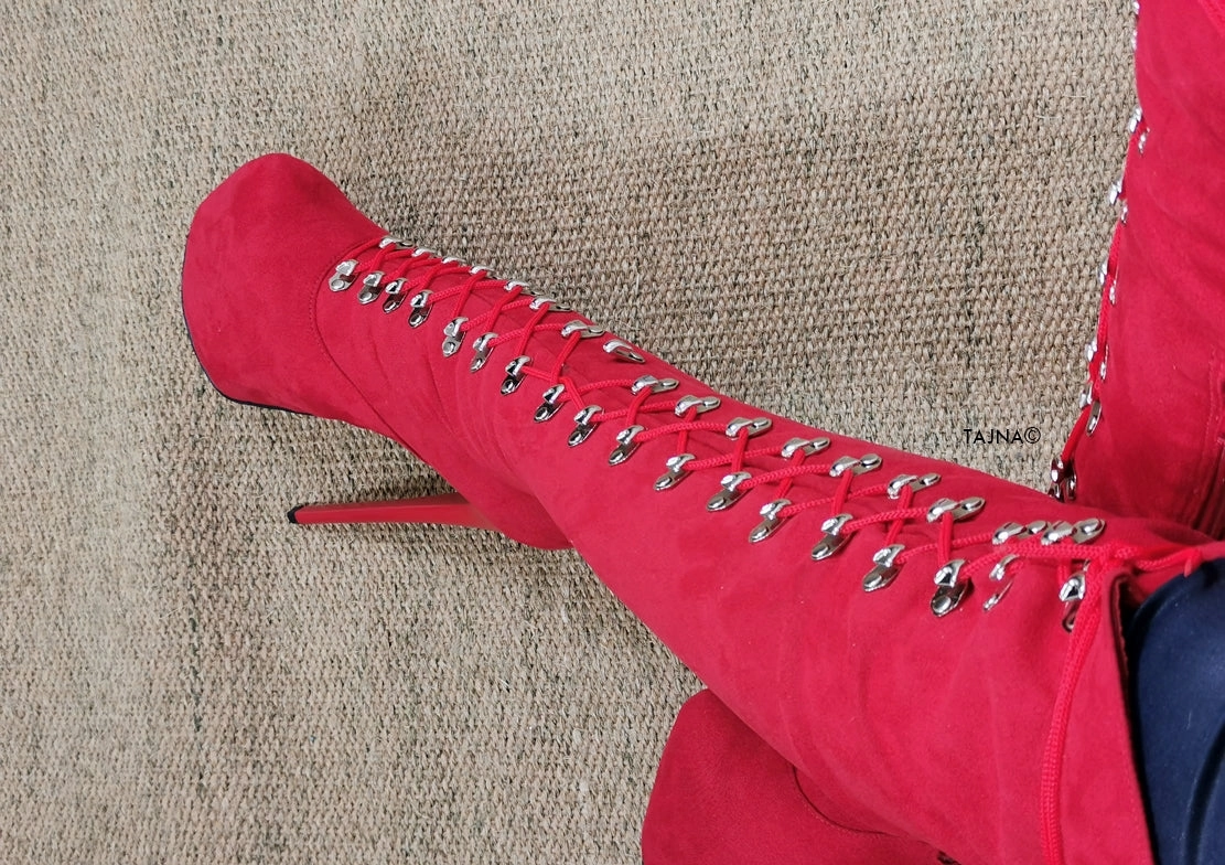 Red Suede Military High Heel Boots