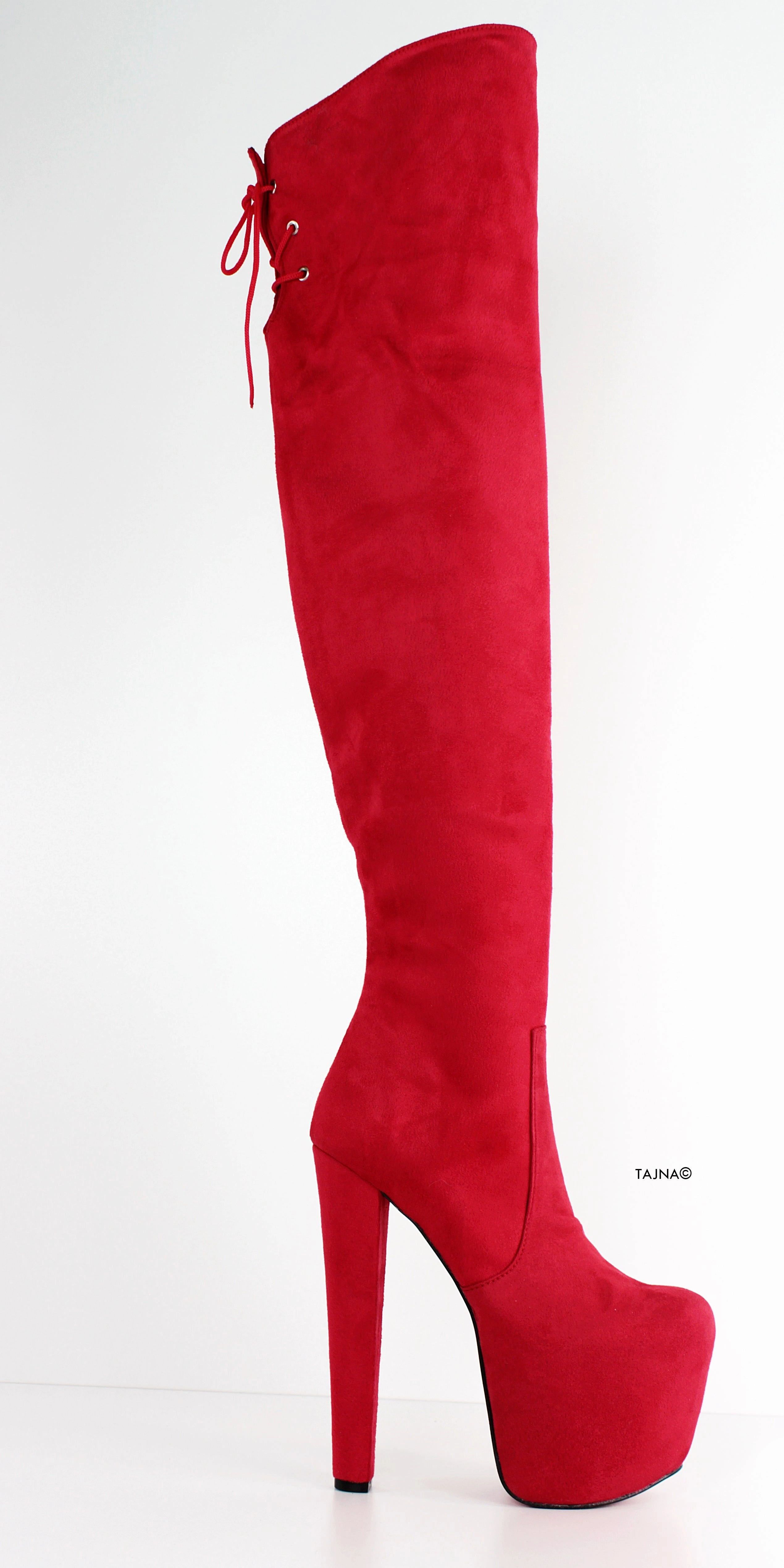Red Suede Thigh High Chunky Heel Boots