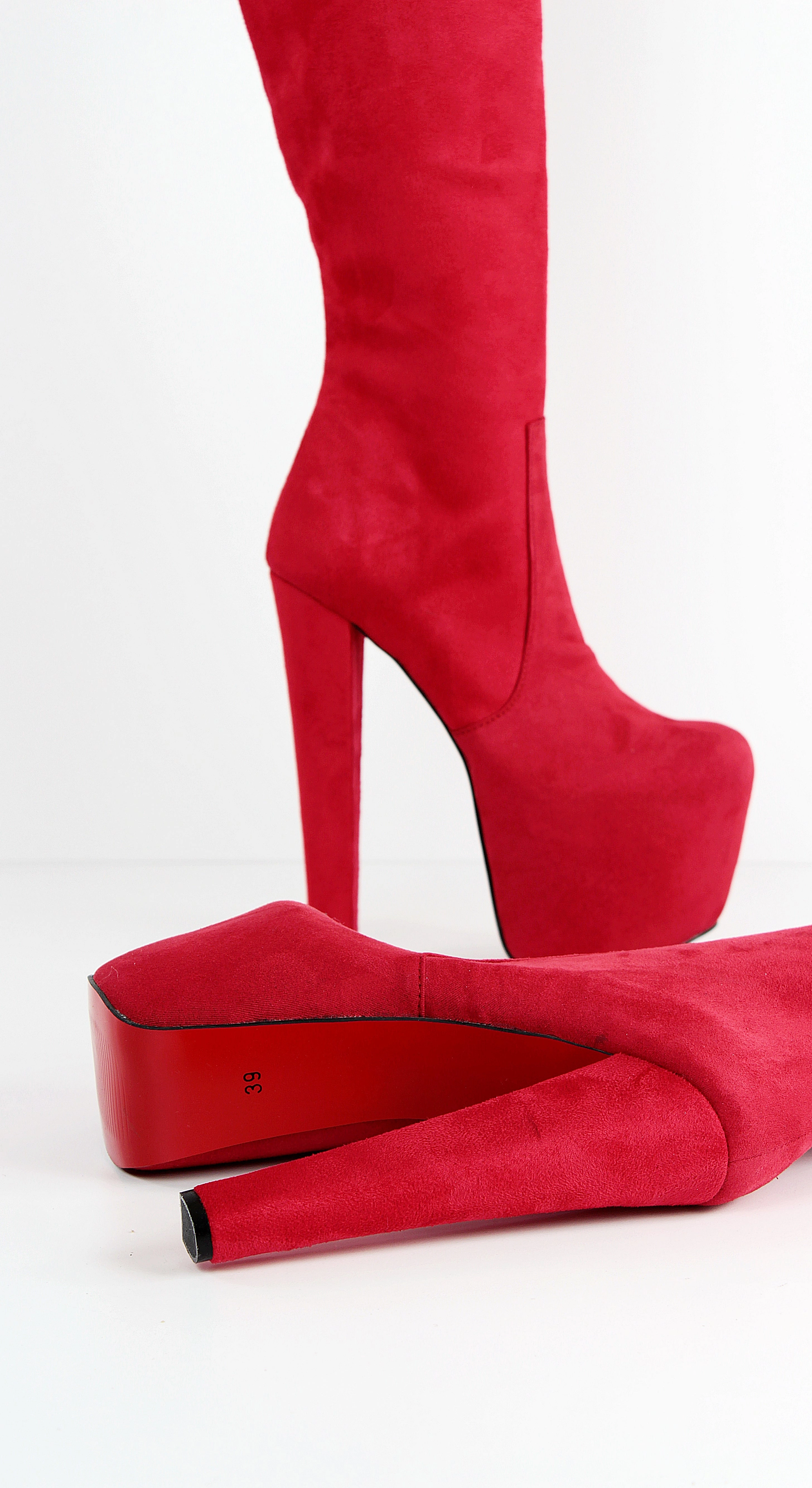 Red Suede Thigh High Chunky Heel Boots