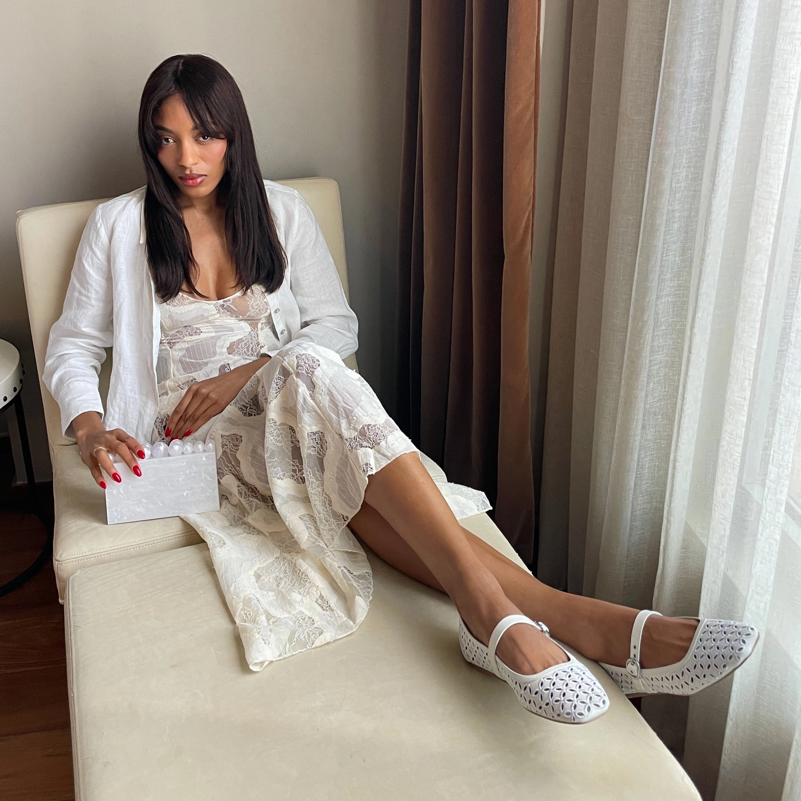 RODNI EYELET PERF BALLET FLATS TRUE WHITE LEATHER