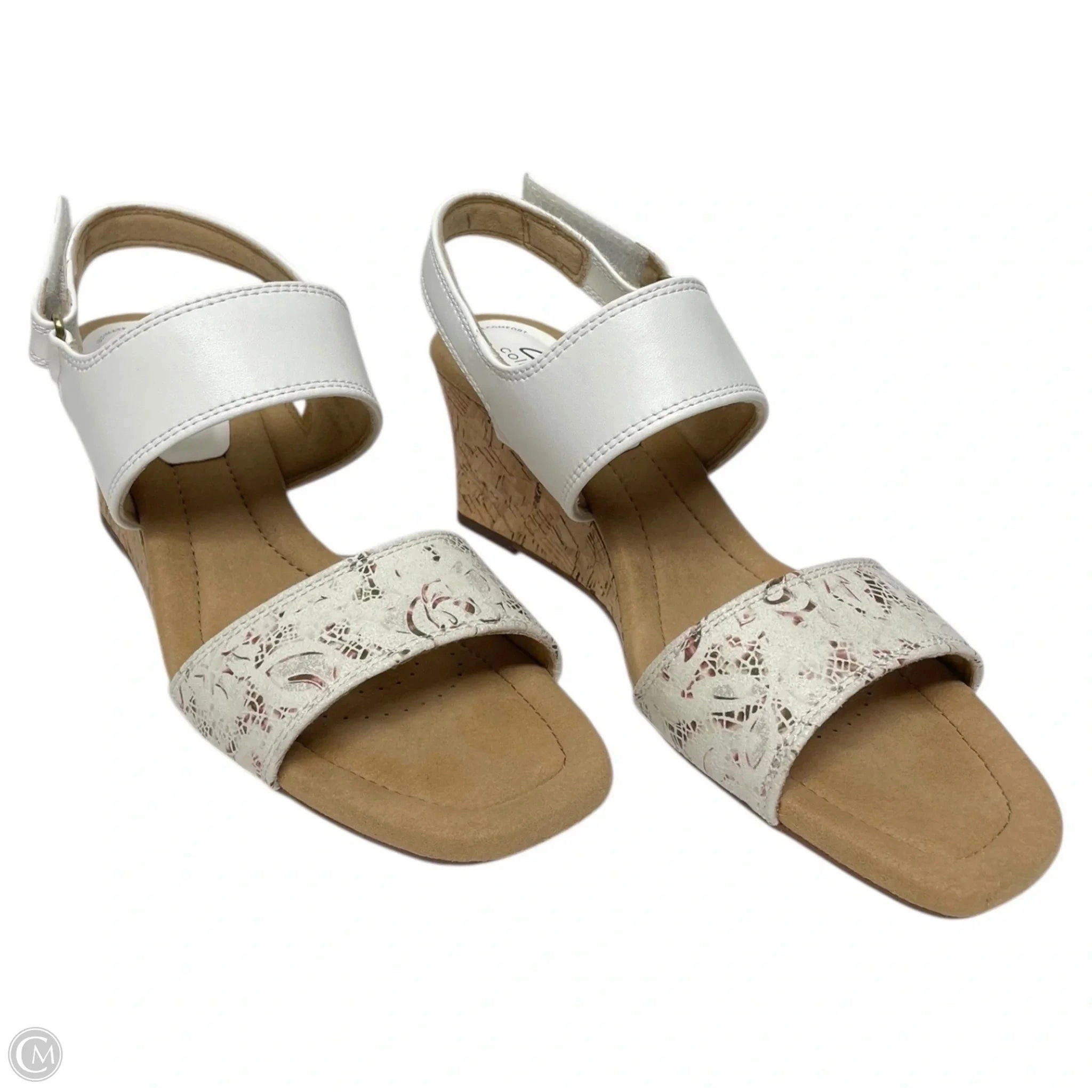 Sandals Heels Wedge By Clarks In Tan & White, Size: 8.5