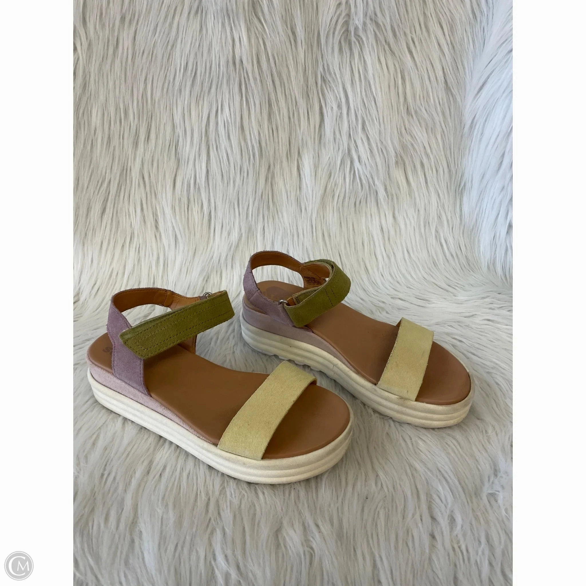 Sandals Heels Wedge By Sorel In Green & Yellow, Size: 7.5
