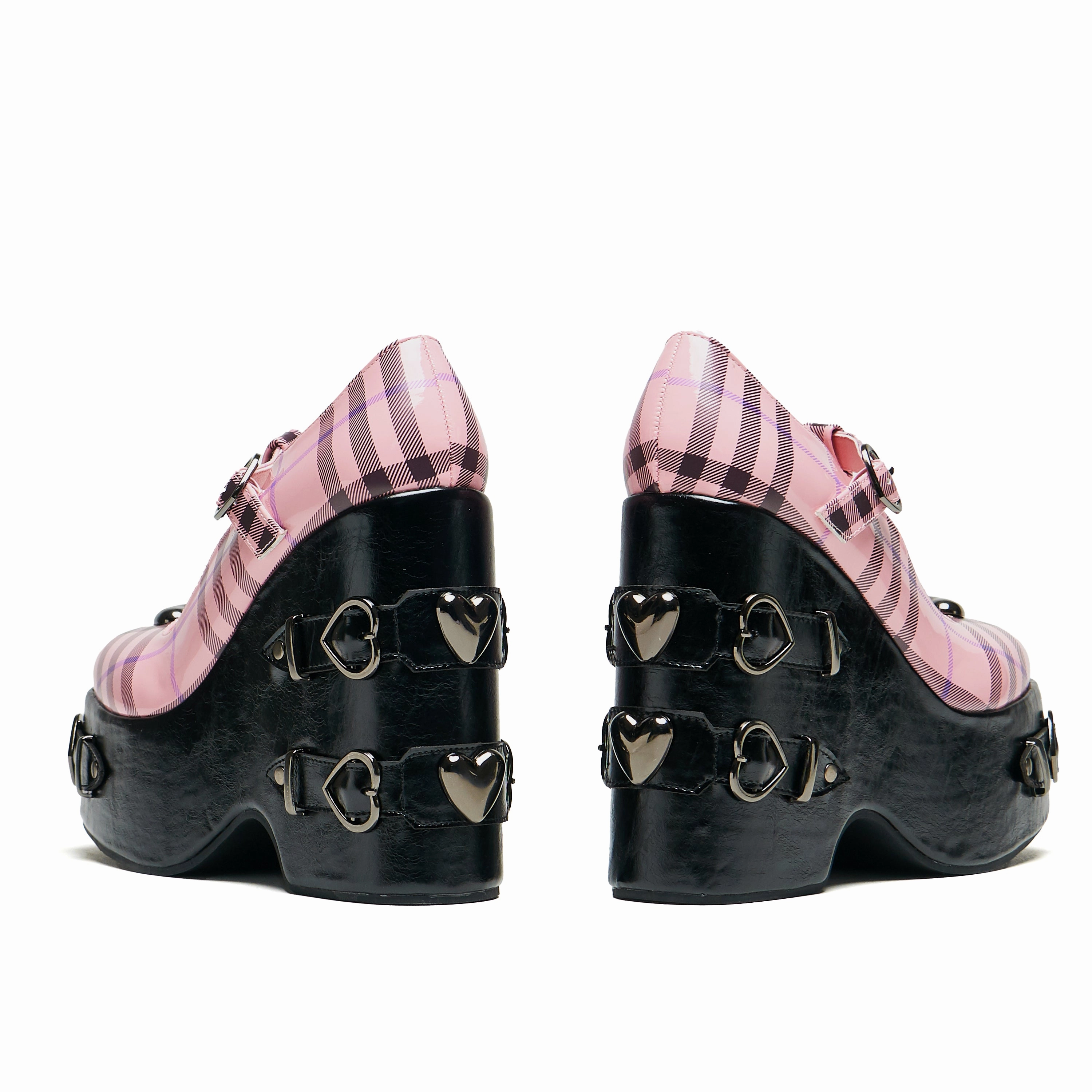 Sweet Apathy Plaid Wedge Mary Janes - Pink