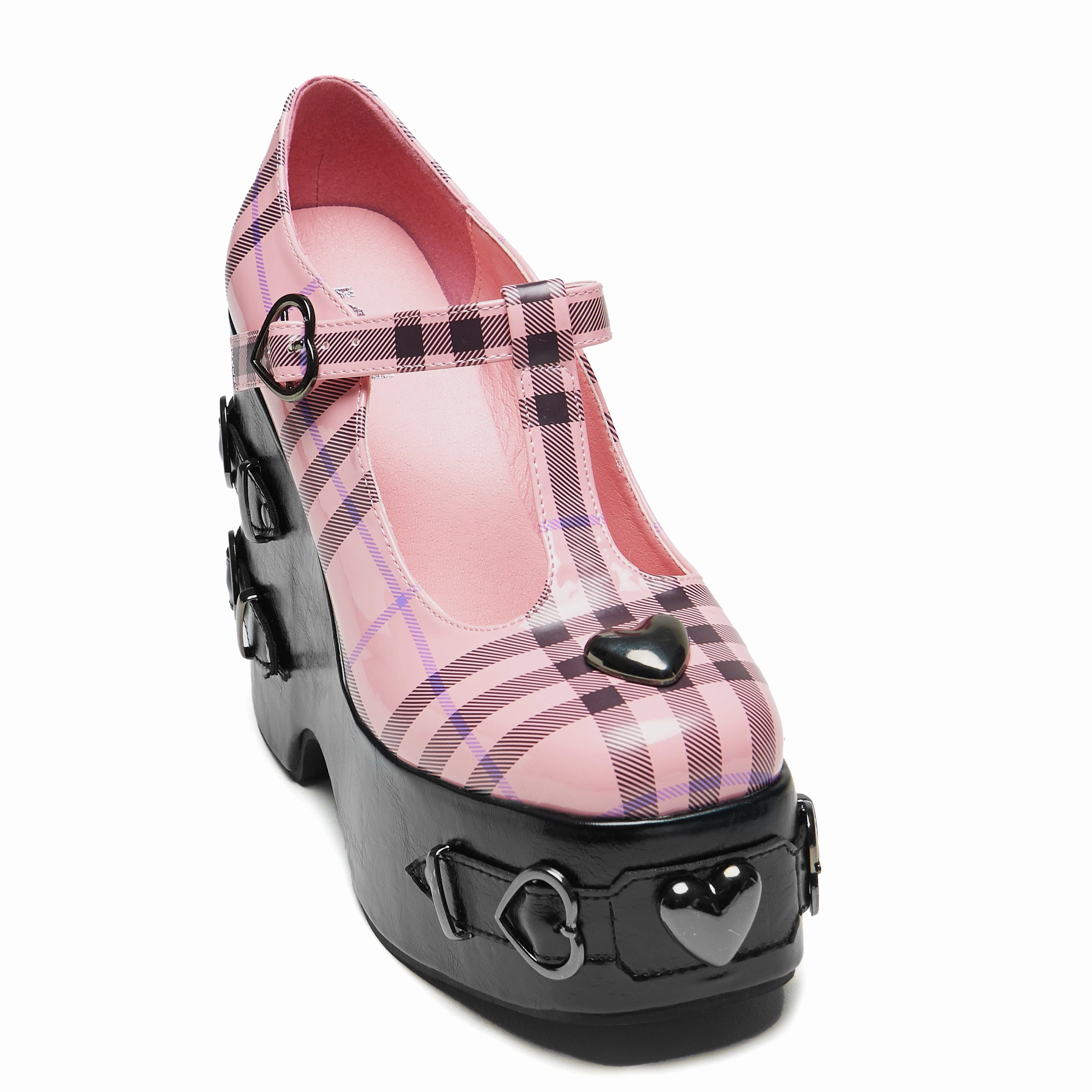 Sweet Apathy Plaid Wedge Mary Janes - Pink