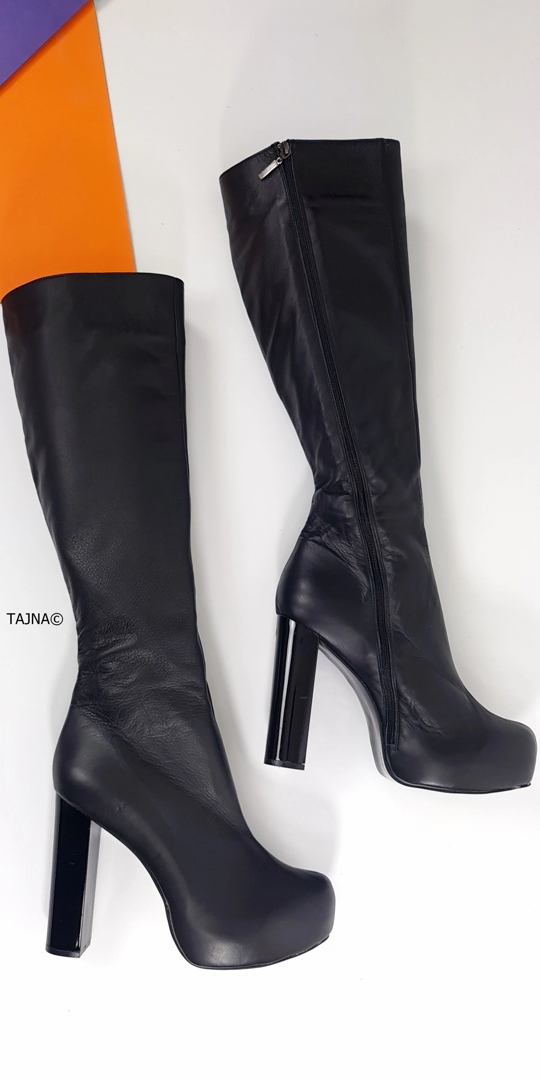 Under Knee Genuine Leather 13cm Chunky Boots