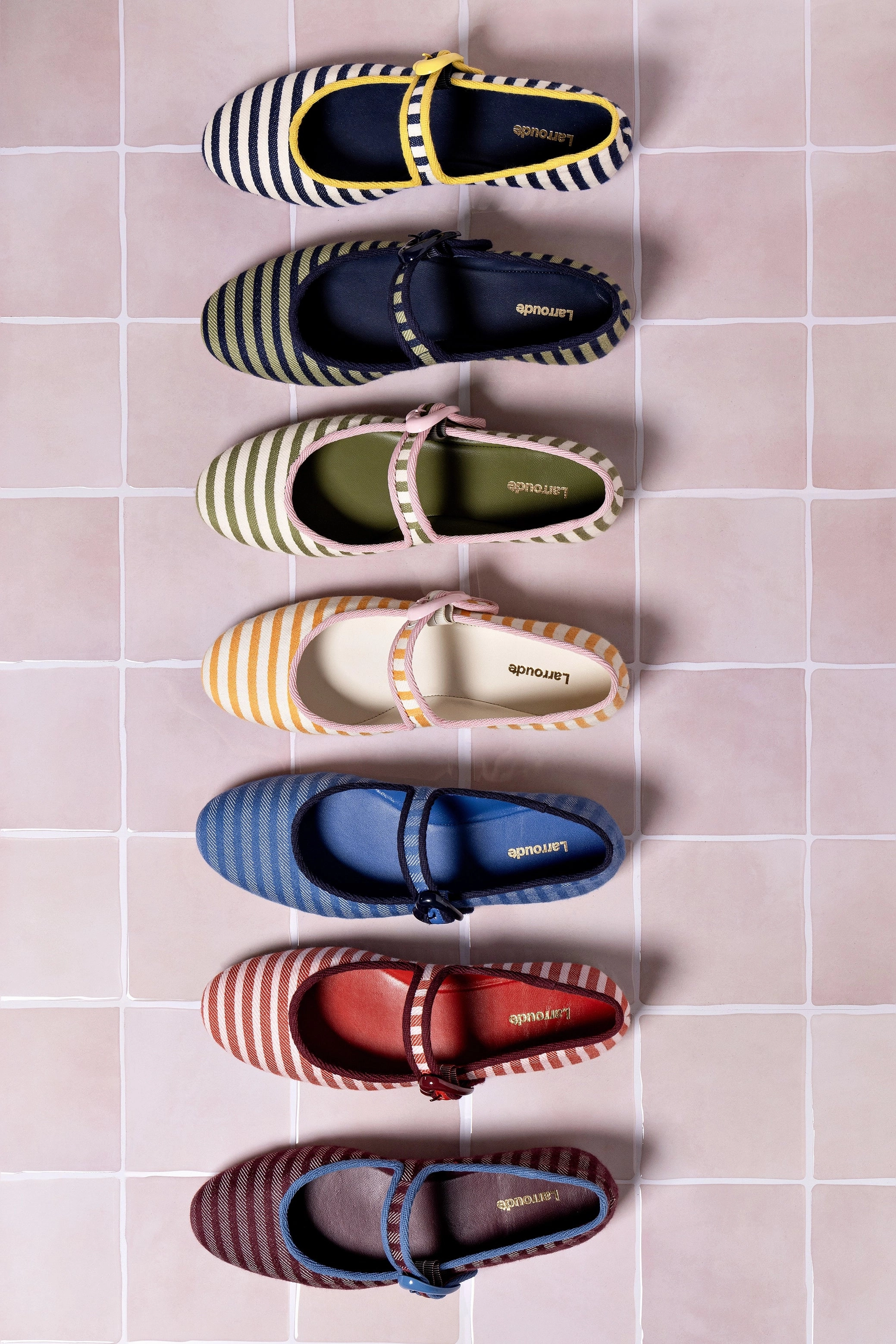 Verona Ballet Flat In Navy and Natural Striped Fabric and Lemonade Trimming