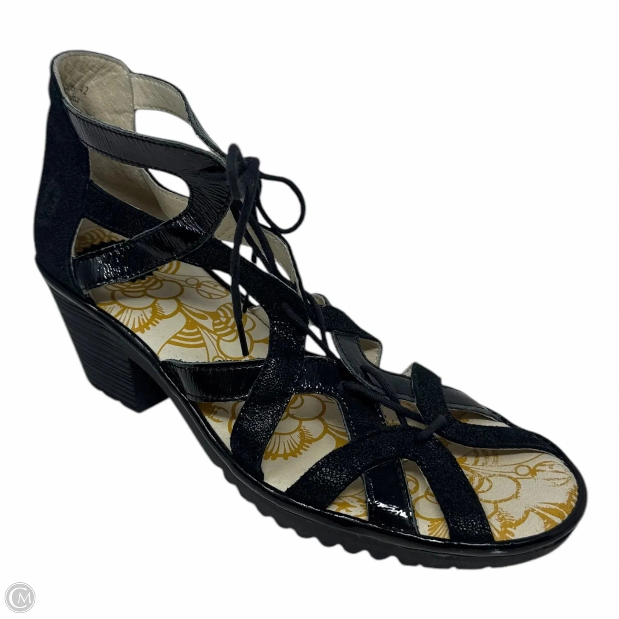 WANT959 Lace Sandals Heels Wedge By Fly London In Black, Size: 11.5