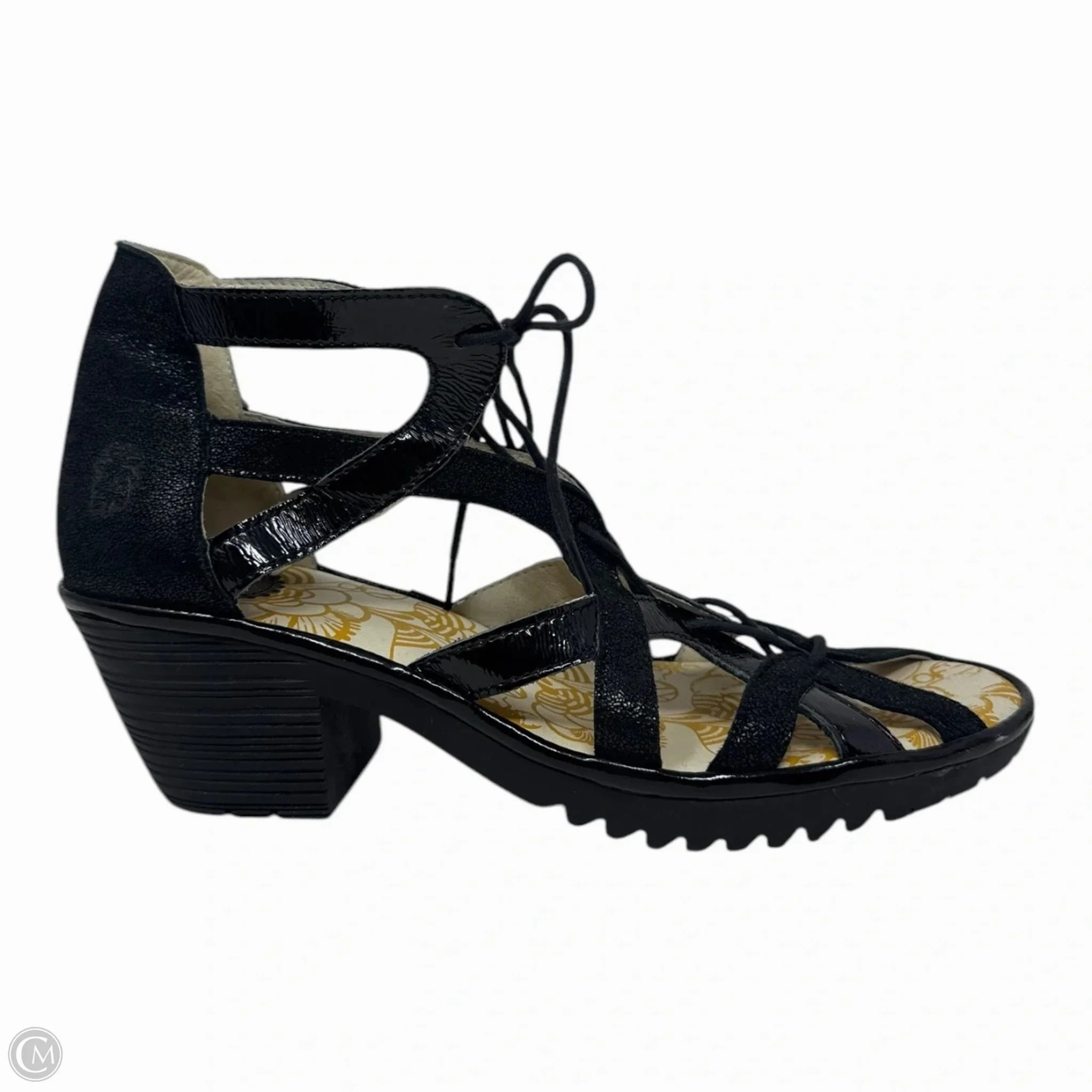 WANT959 Lace Sandals Heels Wedge By Fly London In Black, Size: 11.5
