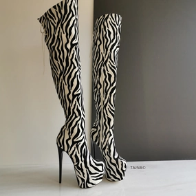 Zebra Design Knee High Platform Boots