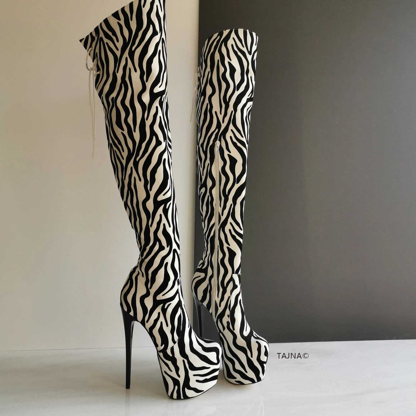 Zebra Design Knee High Platform Boots