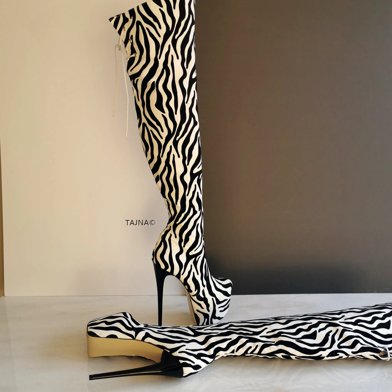 Zebra Design Knee High Platform Boots
